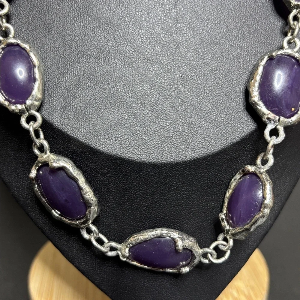 Purple Stone Linked Silver Tone Necklace Geometric Long Native American Western